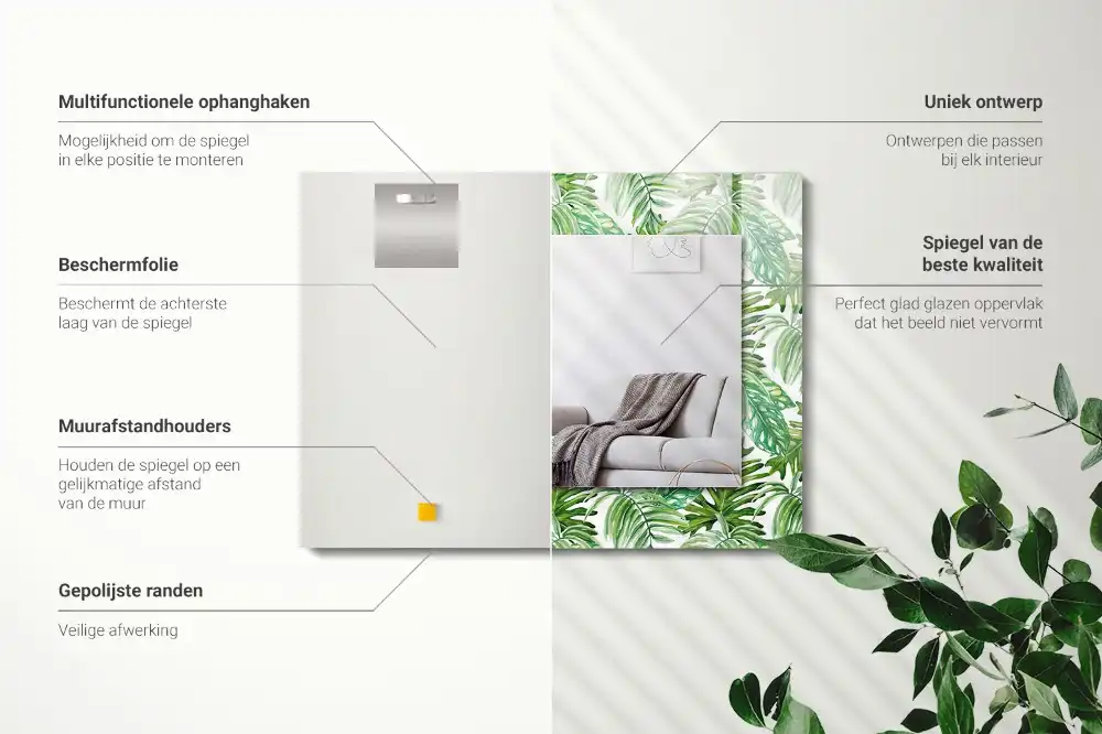 Specchio rettangolare con cornice stampata Foglie tropicali verdi