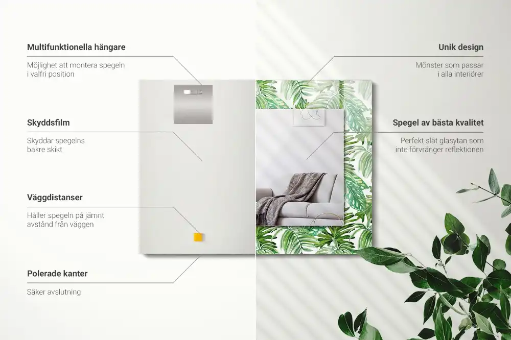 Specchio rettangolare con cornice stampata Foglie tropicali verdi