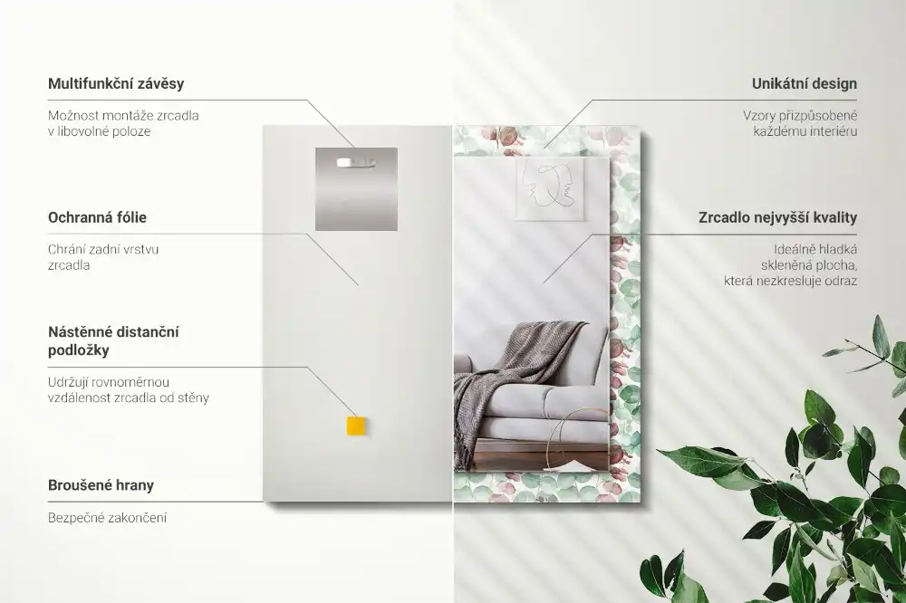 Specchio rettangolare stampato Foglie acquerellate