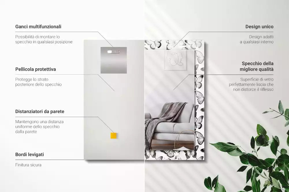Specchio rettangolare con cornice stampata Farfalle bianche e nere