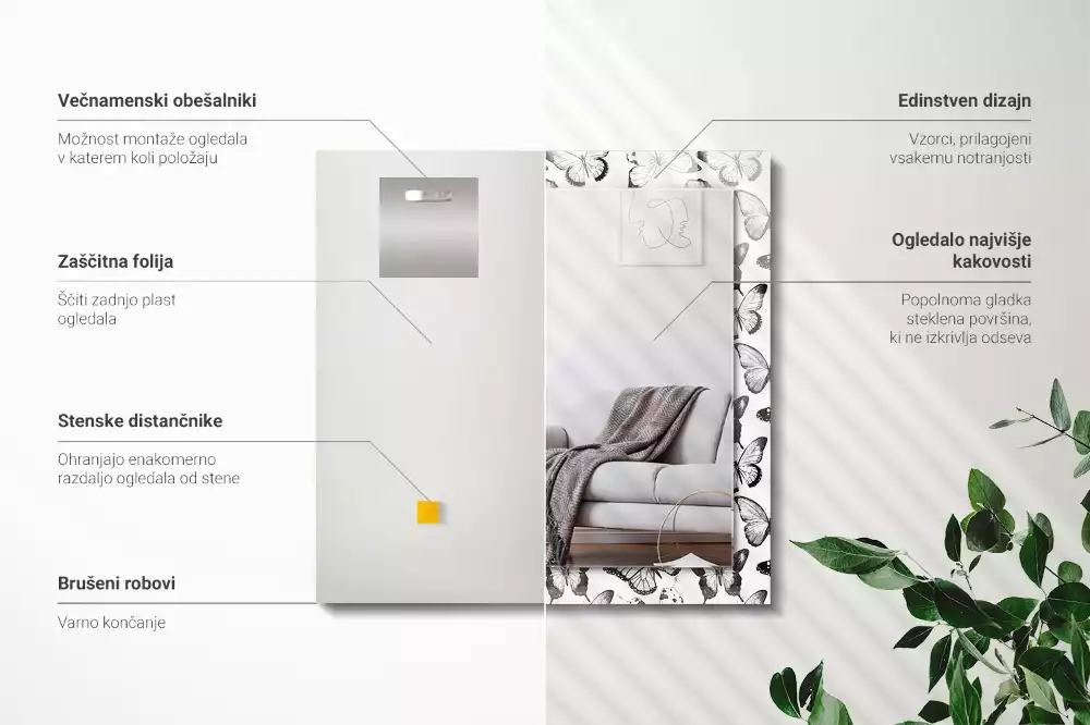 Specchio rettangolare con cornice stampata Farfalle bianche e nere