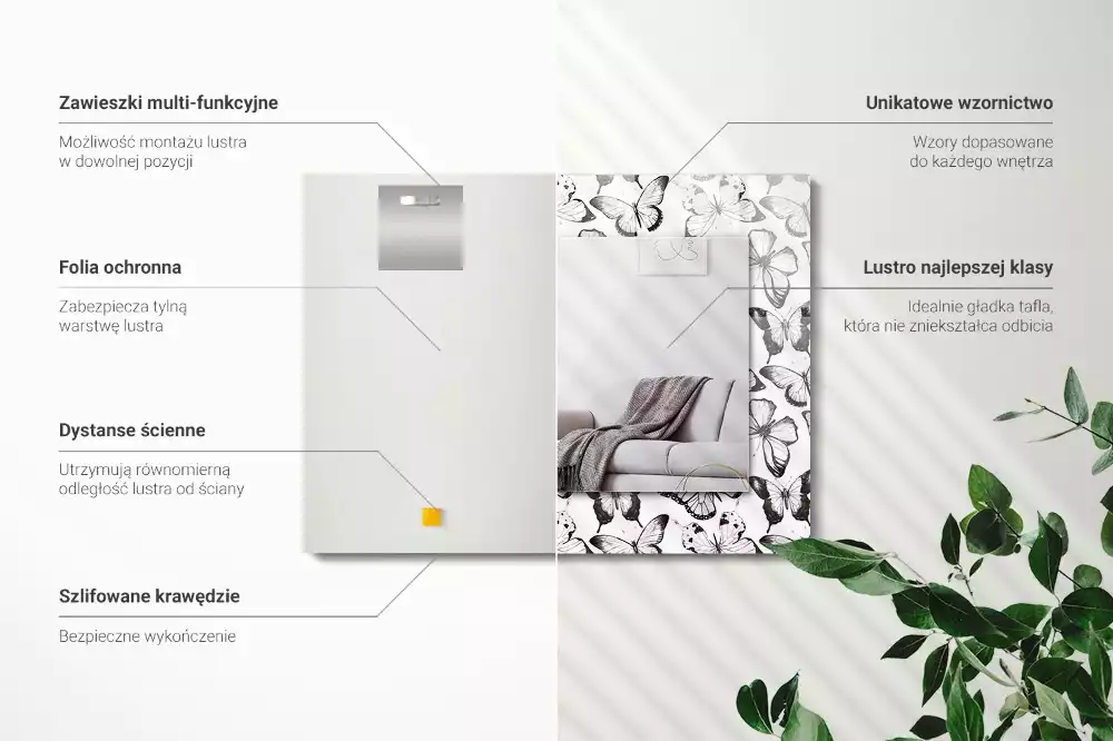 Specchio rettangolare con cornice stampata Farfalle bianche e nere