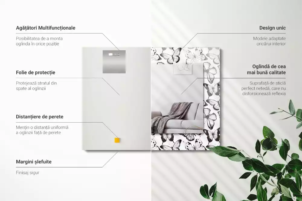 Specchio rettangolare con cornice stampata Farfalle bianche e nere