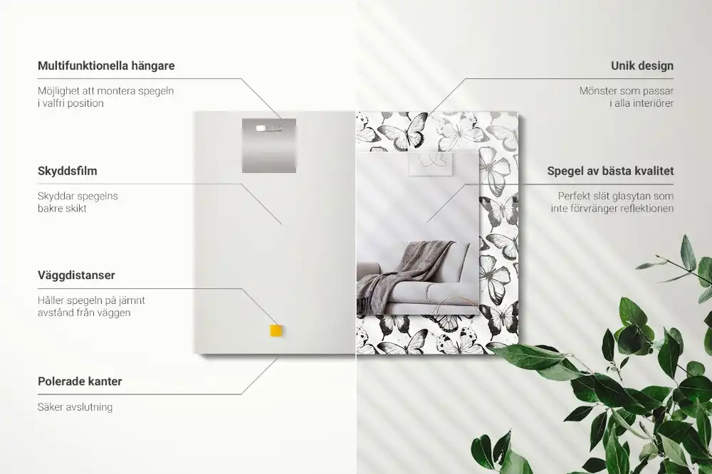 Specchio rettangolare con cornice stampata Farfalle bianche e nere