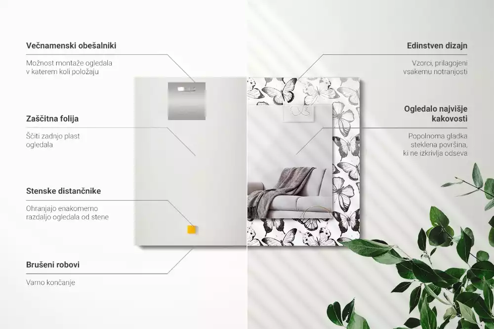 Specchio rettangolare con cornice stampata Farfalle bianche e nere