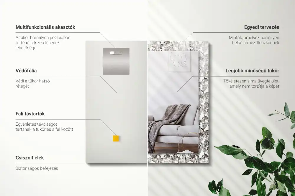 Specchio rettangolare con cornice stampata Foglie e fiori