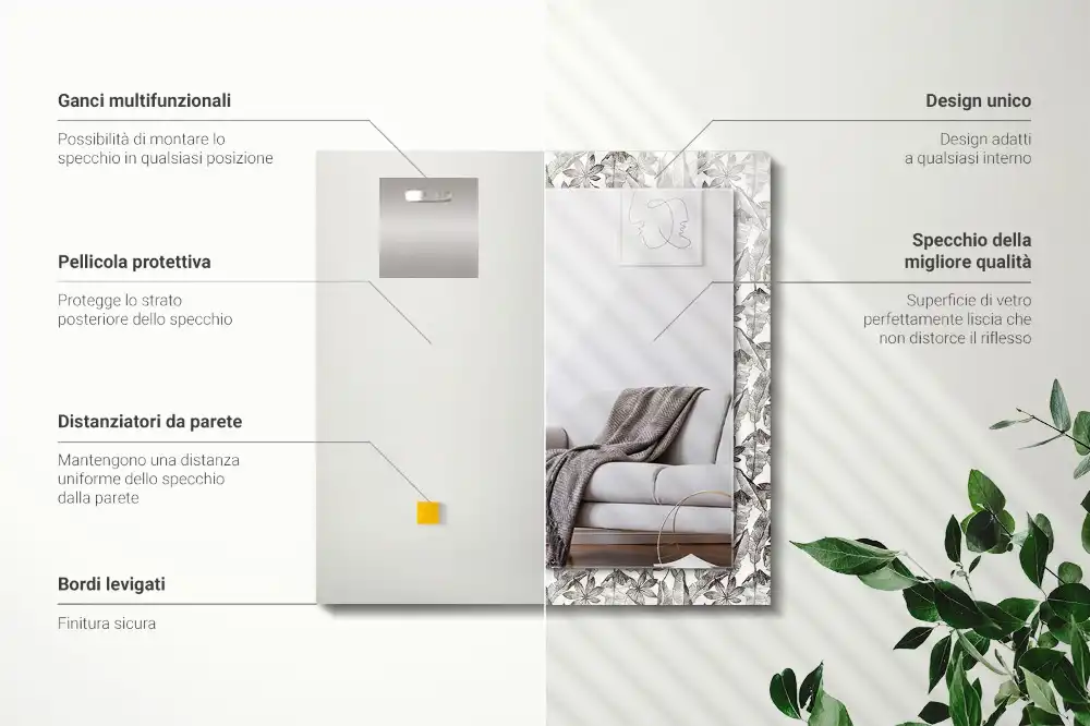 Specchio rettangolare con cornice stampata Foglie e fiori