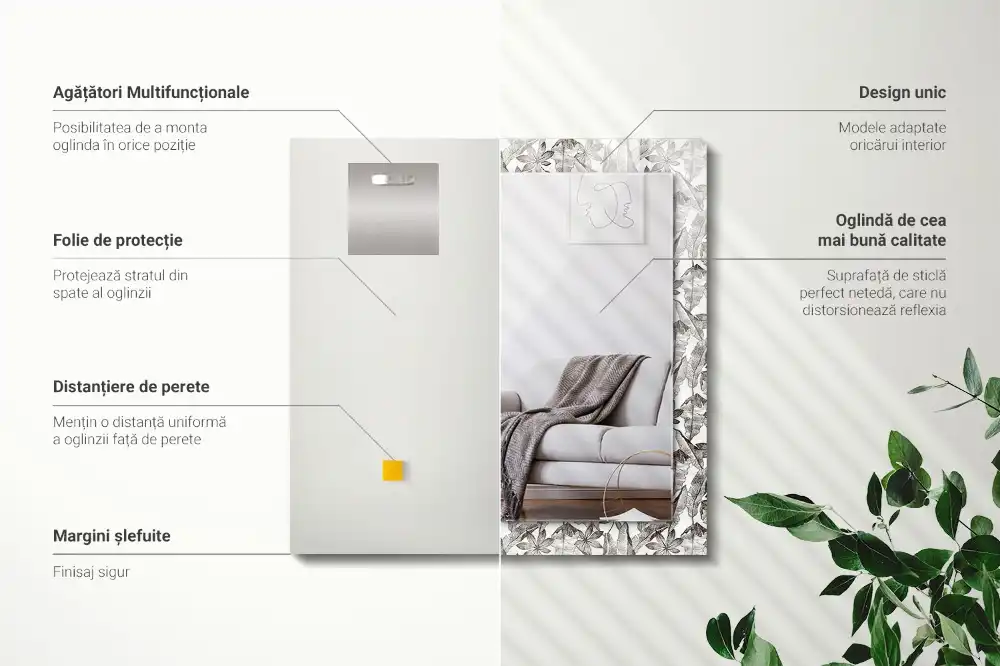 Specchio rettangolare con cornice stampata Foglie e fiori