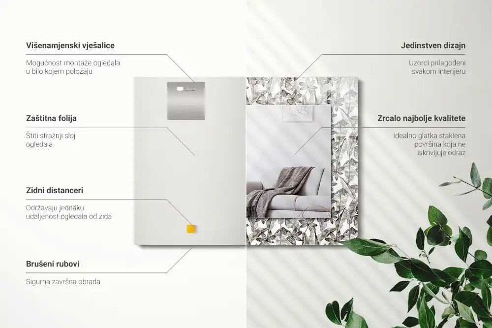 Specchio rettangolare con cornice stampata Foglie e fiori