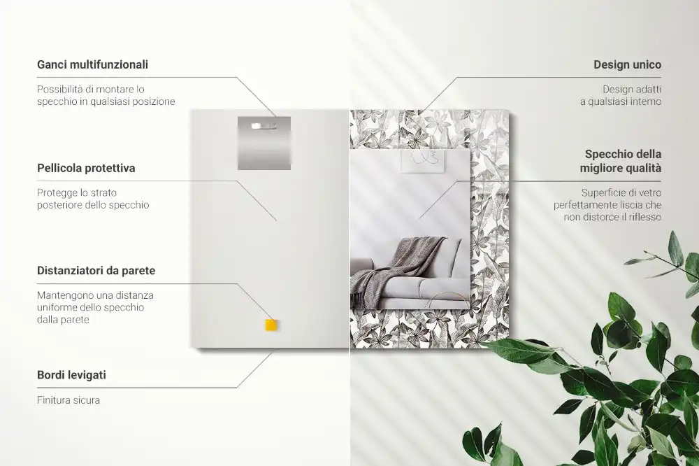 Specchio rettangolare con cornice stampata Foglie e fiori