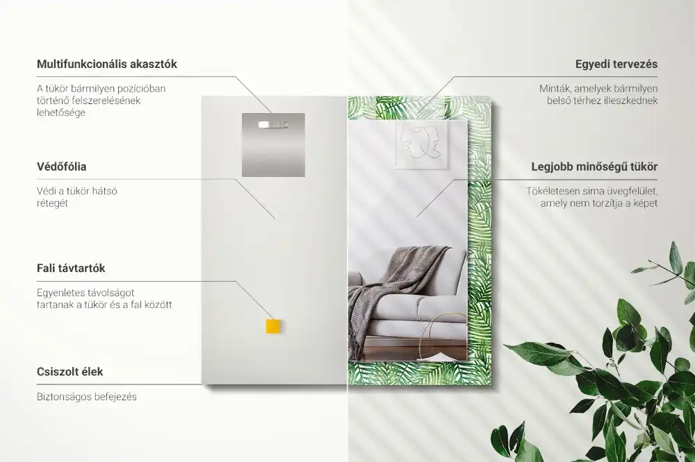 Specchio rettangolare con cornice stampata Foglie di palma verdi