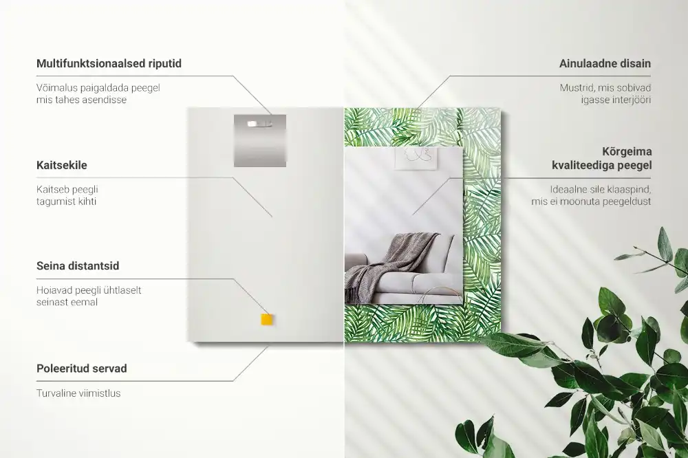 Specchio rettangolare con cornice stampata Foglie di palma verdi