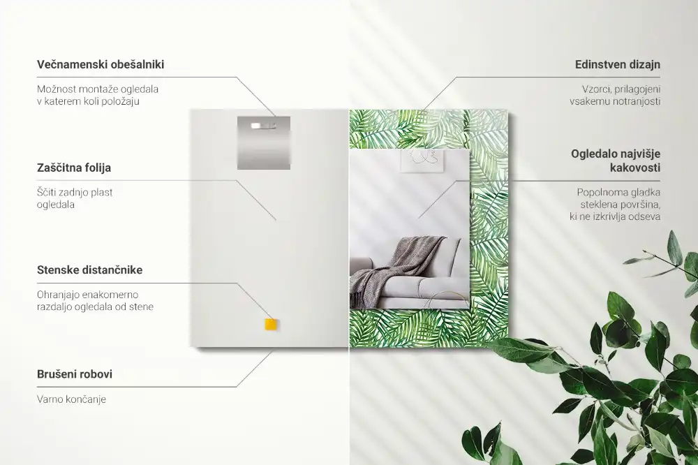 Specchio rettangolare con cornice stampata Foglie di palma verdi