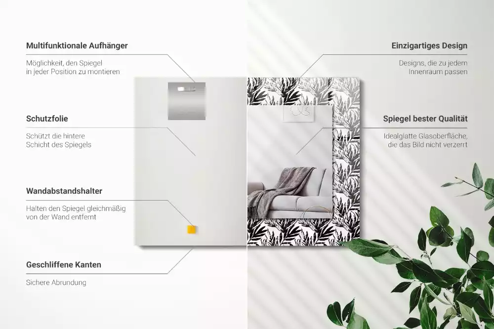 Specchio rettangolare decoro Foglie bianche e nere