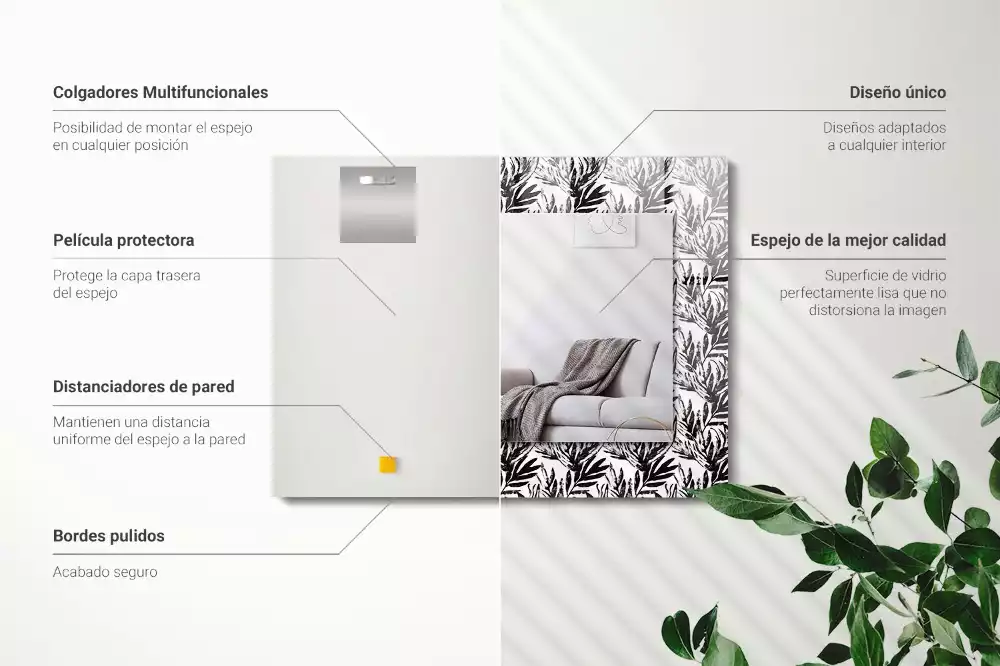 Specchio rettangolare decoro Foglie bianche e nere