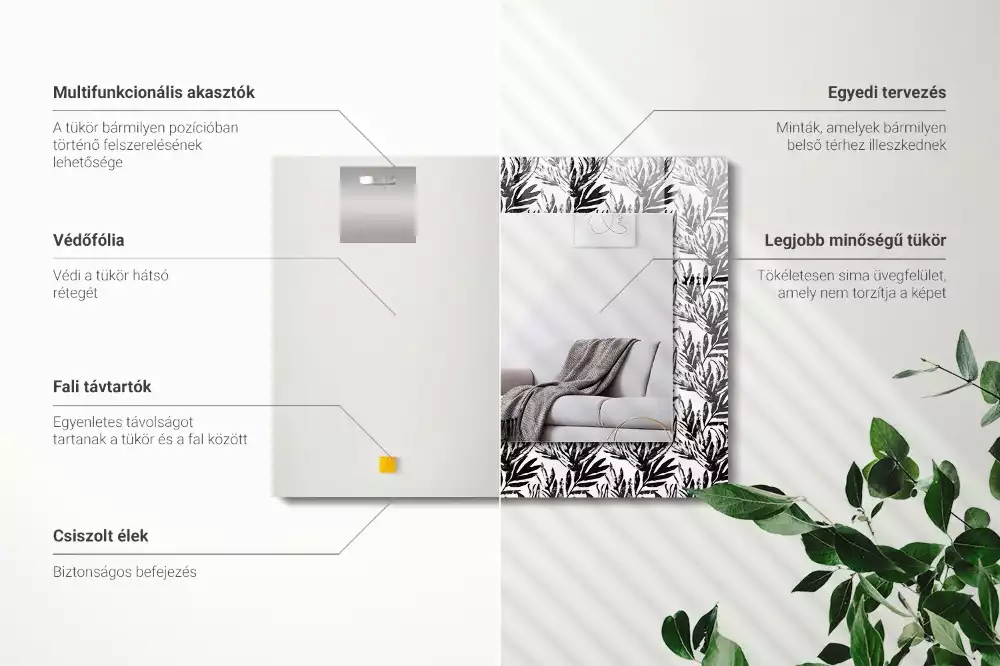 Specchio rettangolare decoro Foglie bianche e nere