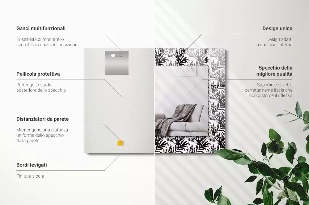 Specchio rettangolare decoro Foglie bianche e nere
