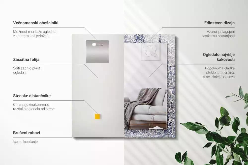 Specchio rettangolare stampato Motivo floreale in tessuto