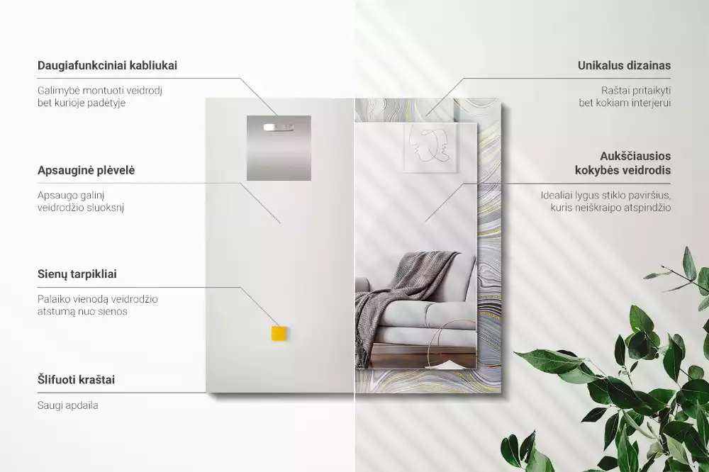 Specchio rettangolare con cornice stampata Motivi astratti in marmo