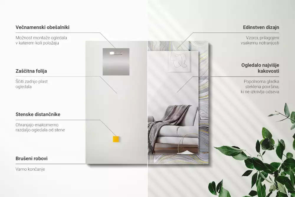 Specchio rettangolare con cornice stampata Motivi astratti in marmo