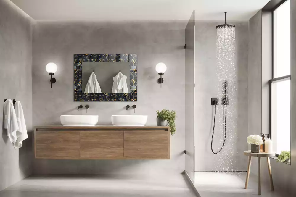 Specchio rettangolare con cornice stampata Foglie esagonali