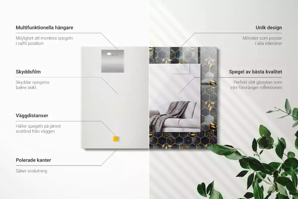 Specchio rettangolare con cornice stampata Foglie esagonali