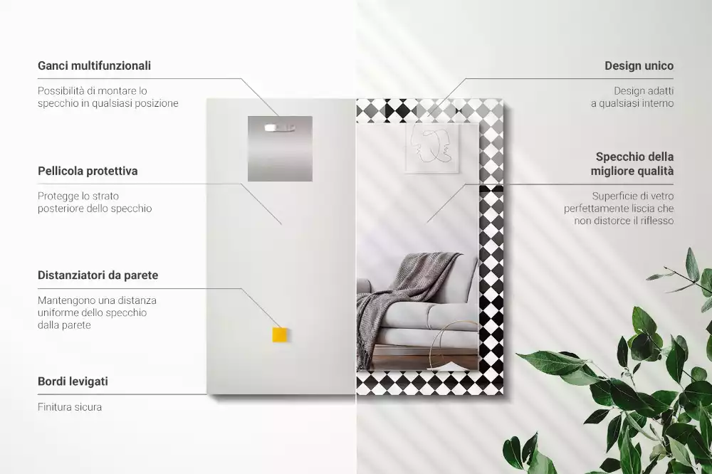 Specchio rettangolare con cornice stampata Scacchiera bianca e nera