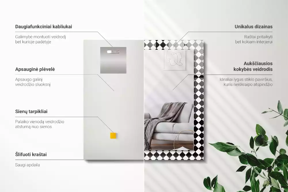 Specchio rettangolare con cornice stampata Scacchiera bianca e nera