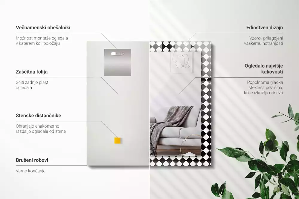 Specchio rettangolare con cornice stampata Scacchiera bianca e nera