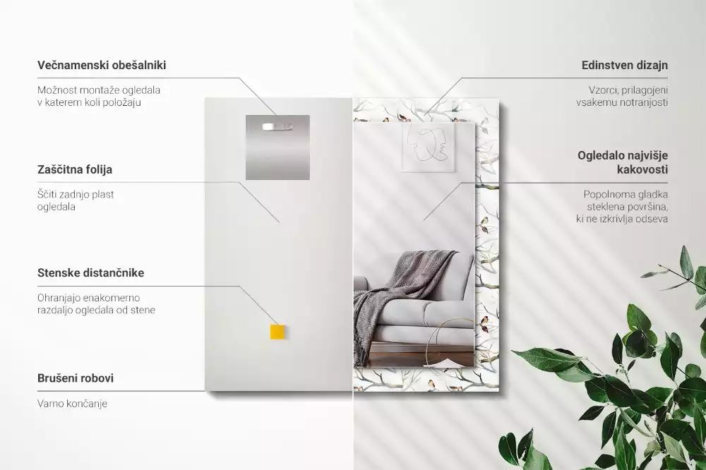 Specchio rettangolare decoro Uccelli sui rami