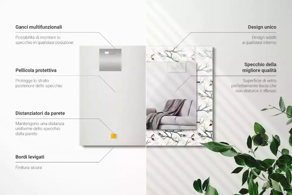 Specchio rettangolare decoro Uccelli sui rami