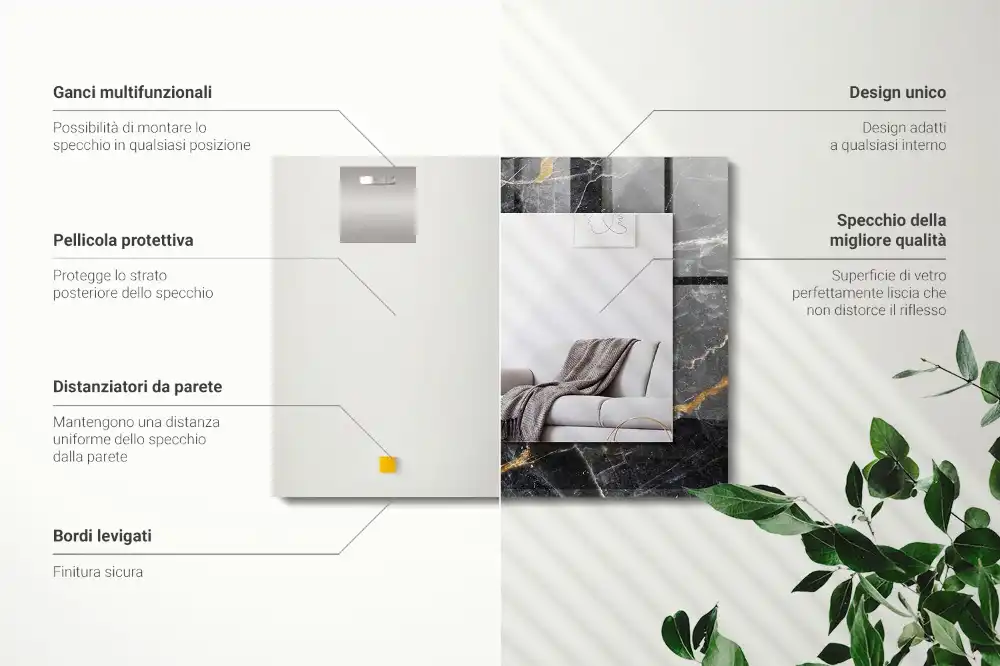 Specchio rettangolare con cornice stampata Venature di marmo nero