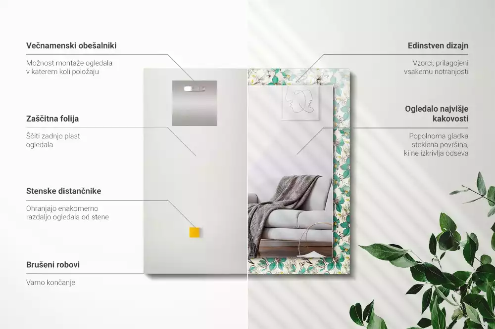 Specchio rettangolare con cornice stampata Uccelli e fiori