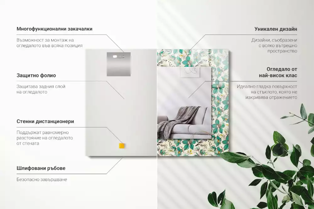 Specchio rettangolare con cornice stampata Uccelli e fiori