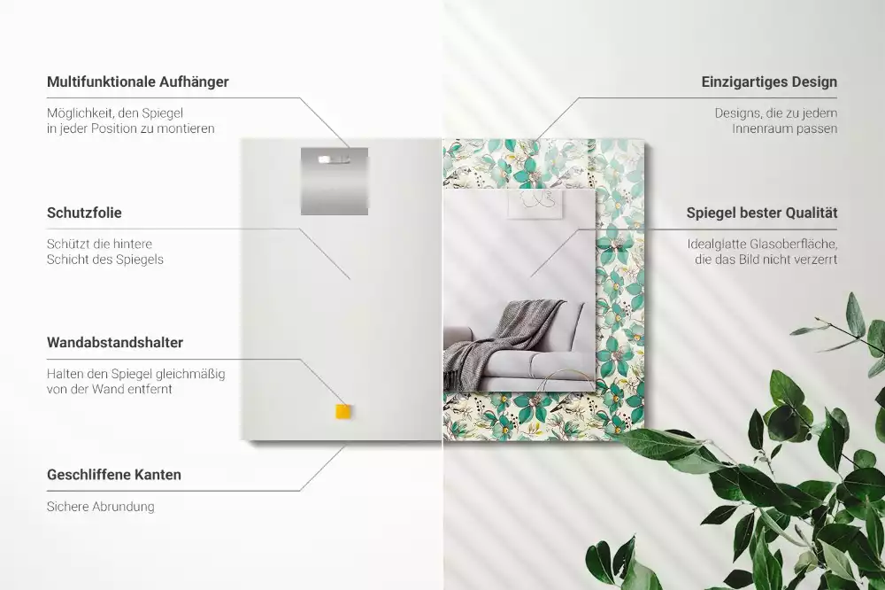 Specchio rettangolare con cornice stampata Uccelli e fiori