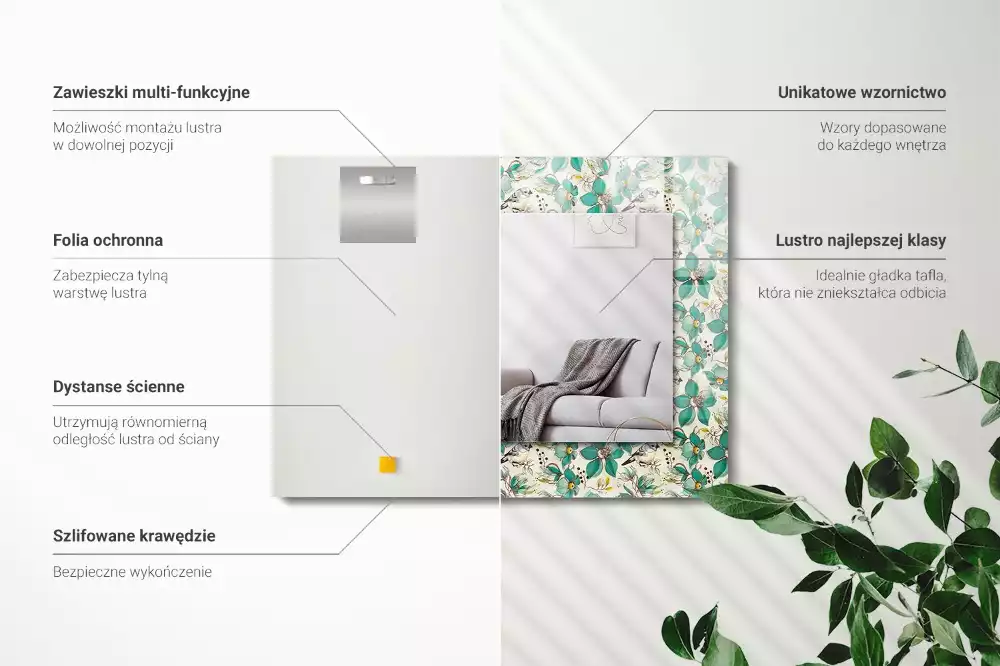 Specchio rettangolare con cornice stampata Uccelli e fiori