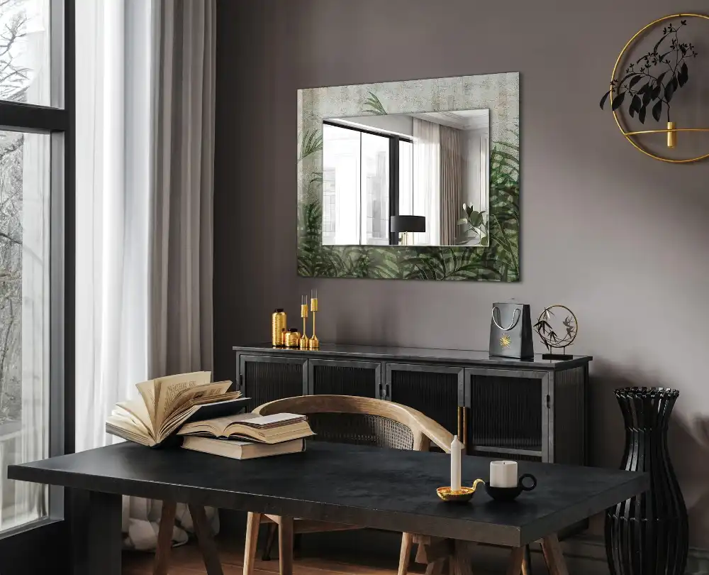 Specchio rettangolare con cornice stampata Foglie di felce verdi