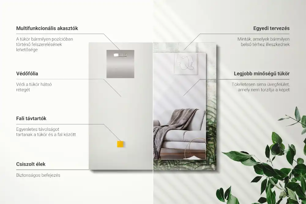 Specchio rettangolare con cornice stampata Foglie di felce verdi