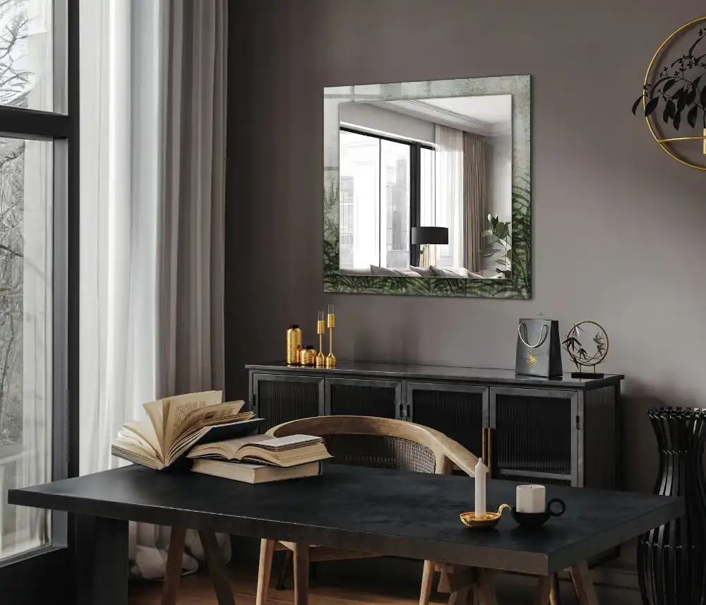 Specchio rettangolare con cornice stampata Foglie di felce verdi