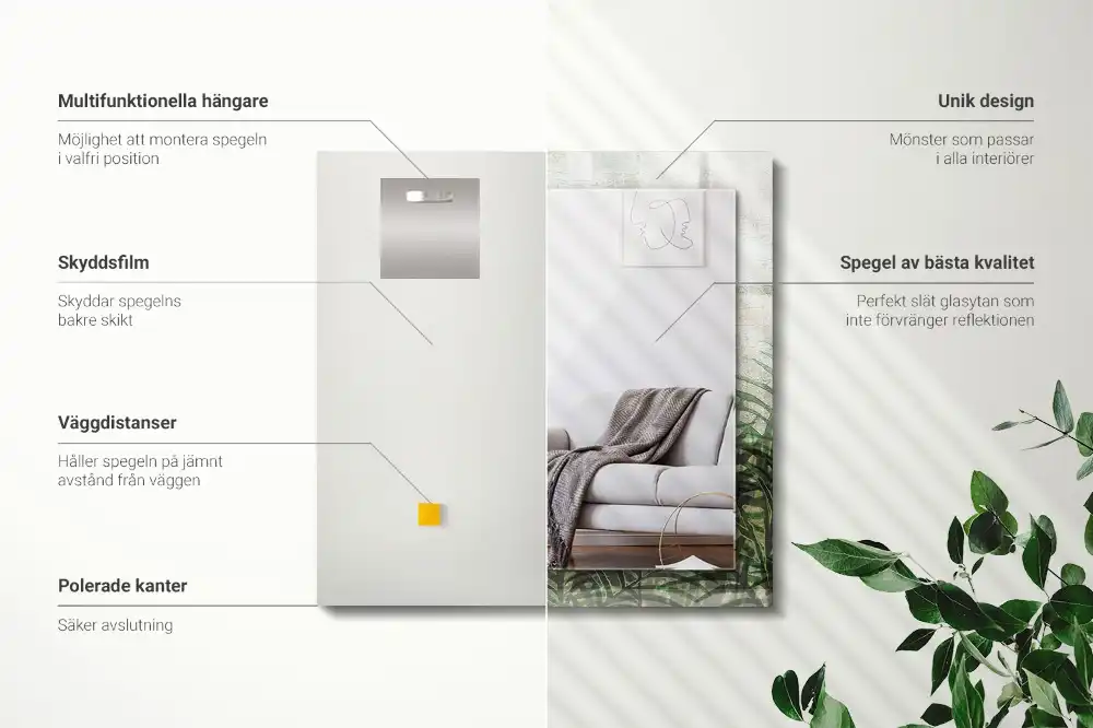 Specchio rettangolare con cornice stampata Foglie di felce verdi