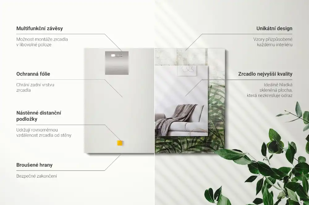 Specchio rettangolare con cornice stampata Foglie di felce verdi