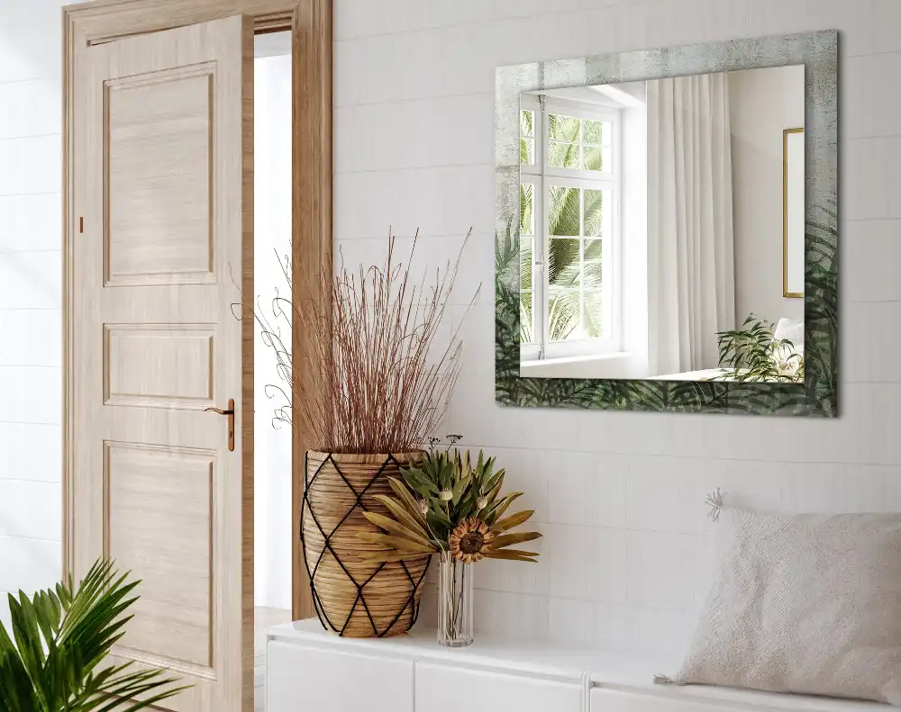 Specchio rettangolare con cornice stampata Foglie di felce verdi