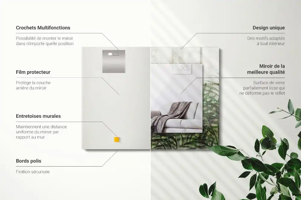 Specchio rettangolare con cornice stampata Foglie di felce verdi