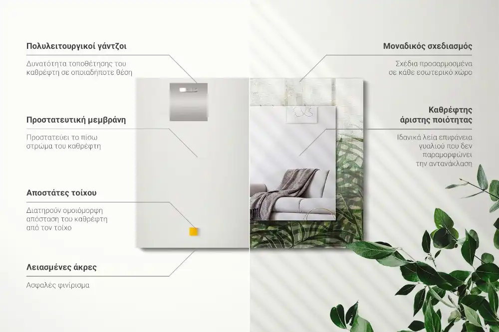 Specchio rettangolare con cornice stampata Foglie di felce verdi