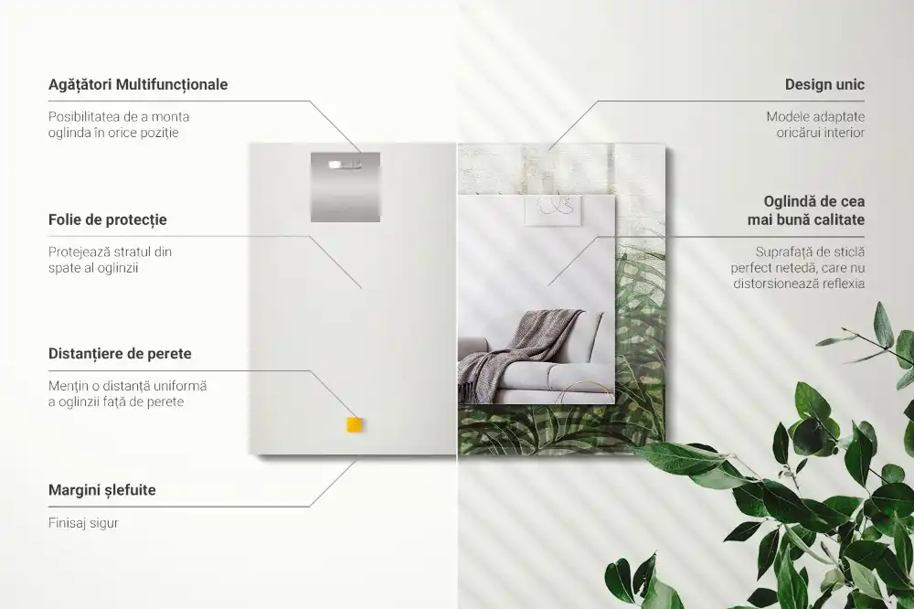 Specchio rettangolare con cornice stampata Foglie di felce verdi