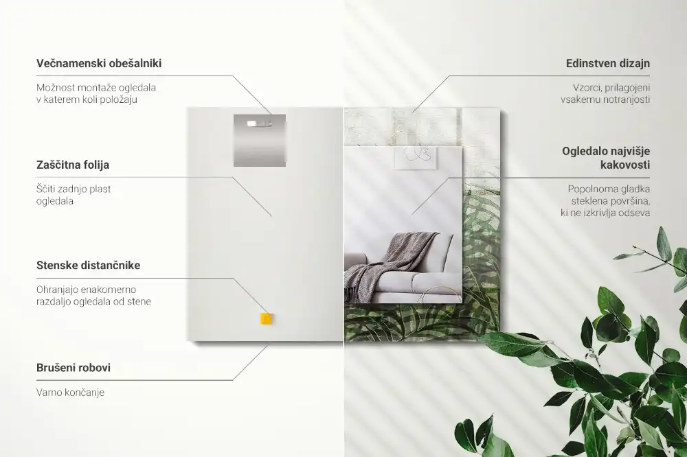 Specchio rettangolare con cornice stampata Foglie di felce verdi