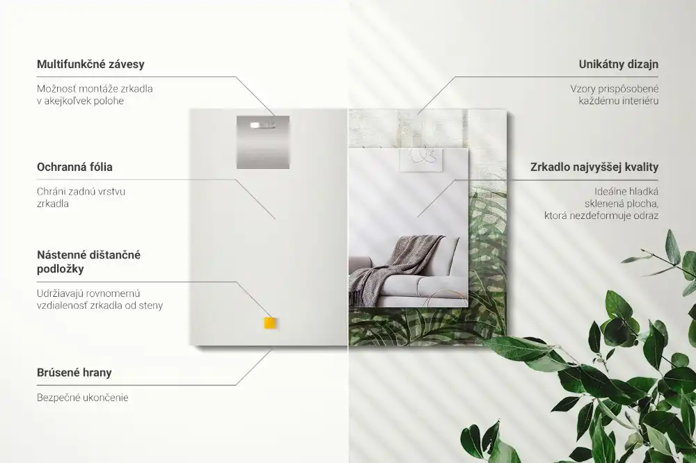 Specchio rettangolare con cornice stampata Foglie di felce verdi