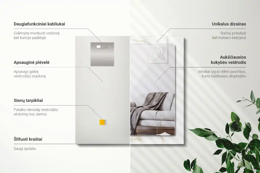 Specchio rettangolare con cornice stampata Motivo in marmo bianco