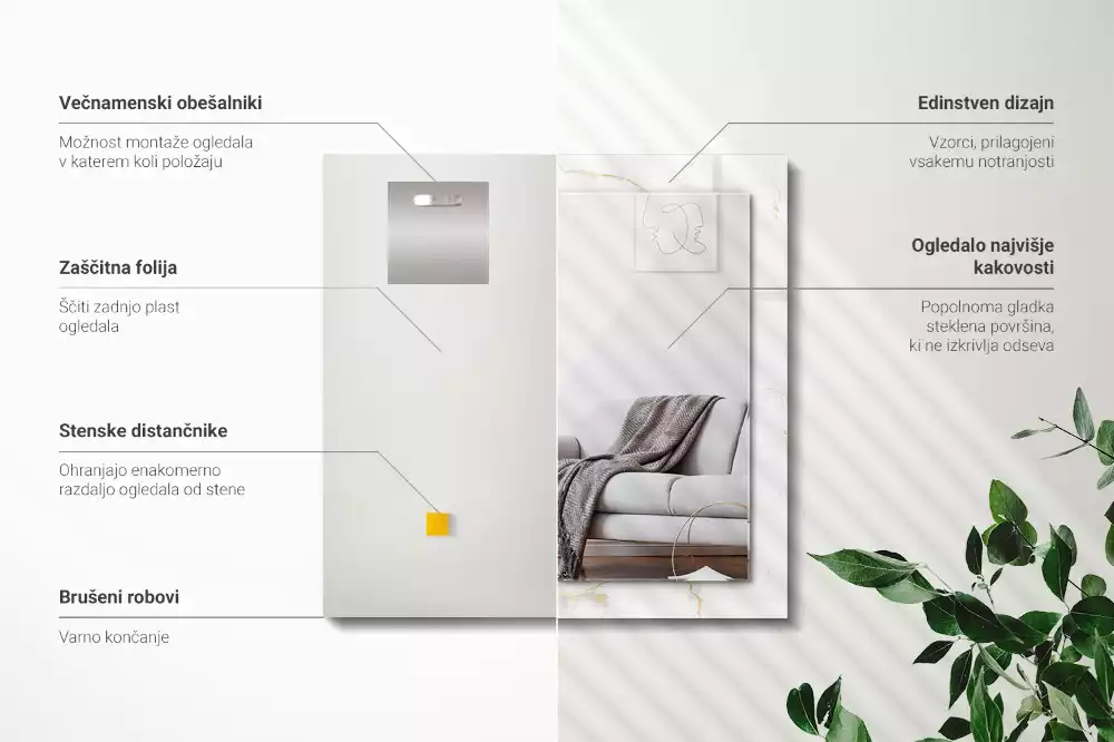 Specchio rettangolare con cornice stampata Motivo in marmo bianco