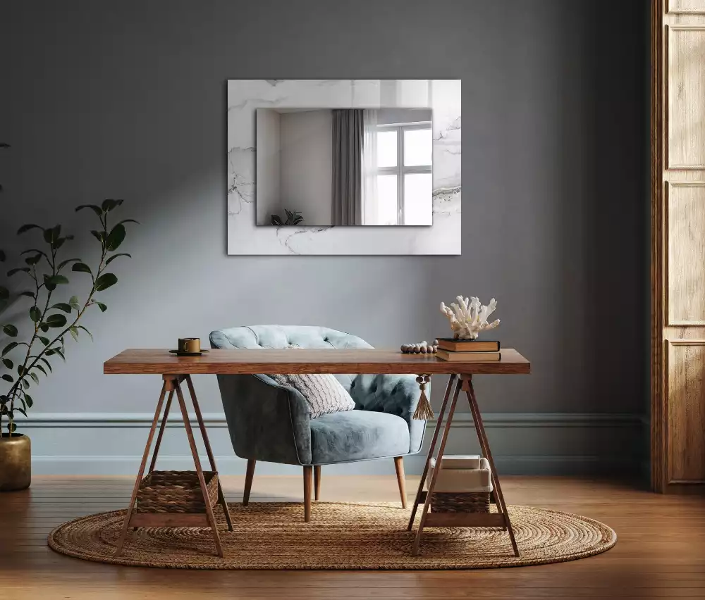 Specchio rettangolare con cornice stampata Motivo in marmo bianco